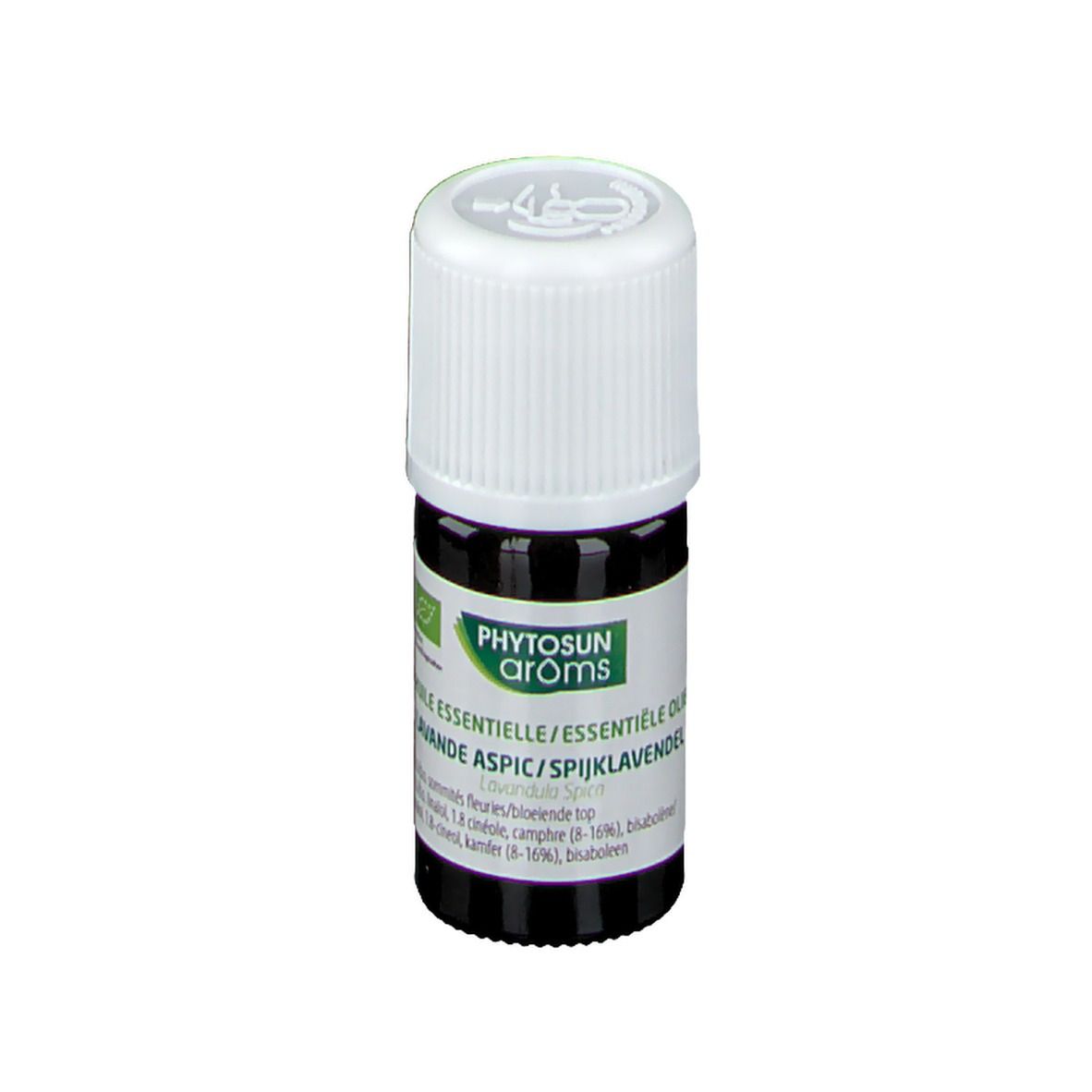 Bruine glazen fles met witte dop. Etiket met productnaam en bio-keurmerk. Lavendelolie.