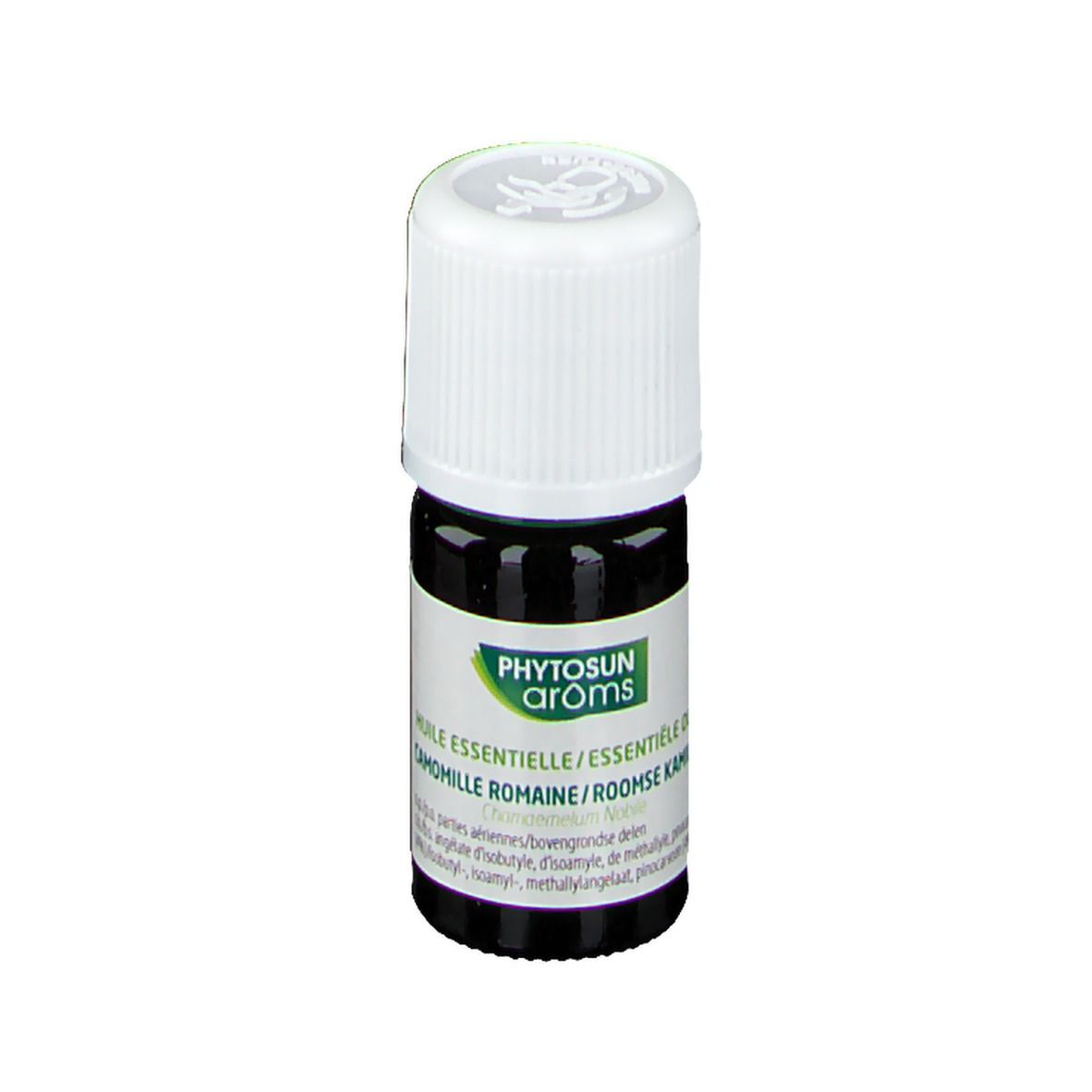 Kleine bruine glazen fles met witte dop. Etiket met groene accenten en tekst. Productnaam: Phytosun Aroms.
