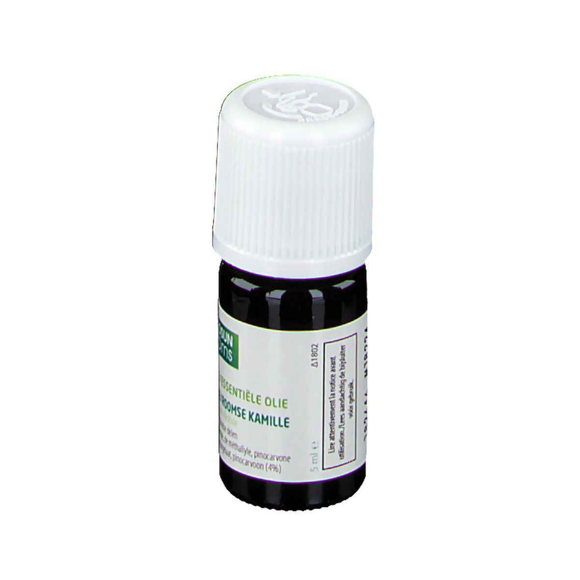 Kleine bruine glazen fles met witte dop. Etiket met tekst. Productnaam: Phytosun Aroms. Waarschuwingslabel.