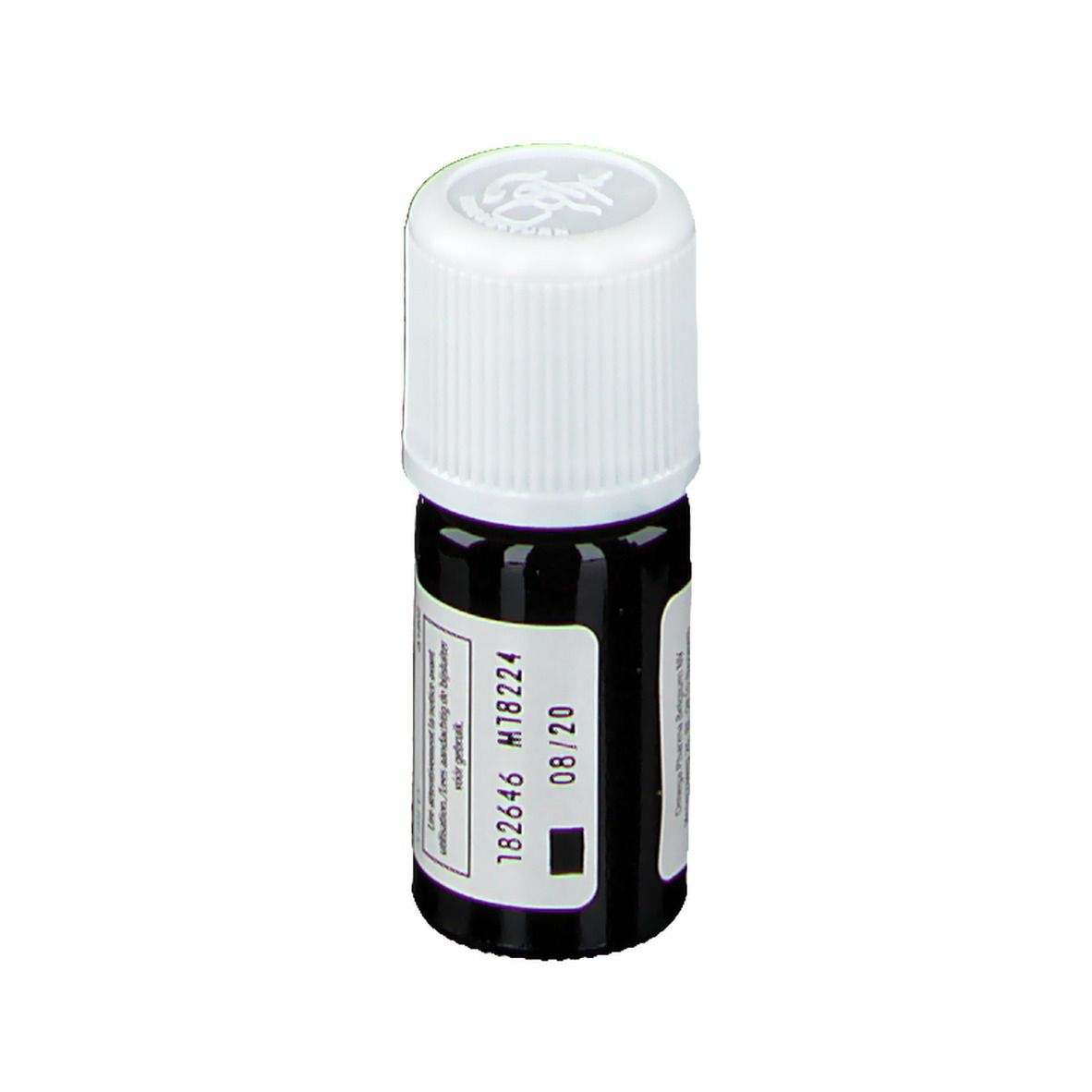 Kleine bruine glazen fles met witte dop. Etiket met tekst en batchnummer. Productnaam: Phytosun Aroms.