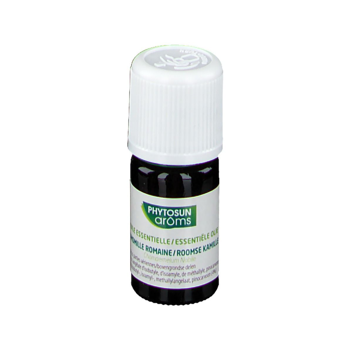 Kleine bruine glazen fles met witte dop. Etiket met tekst. Productnaam: Phytosun Aroms.