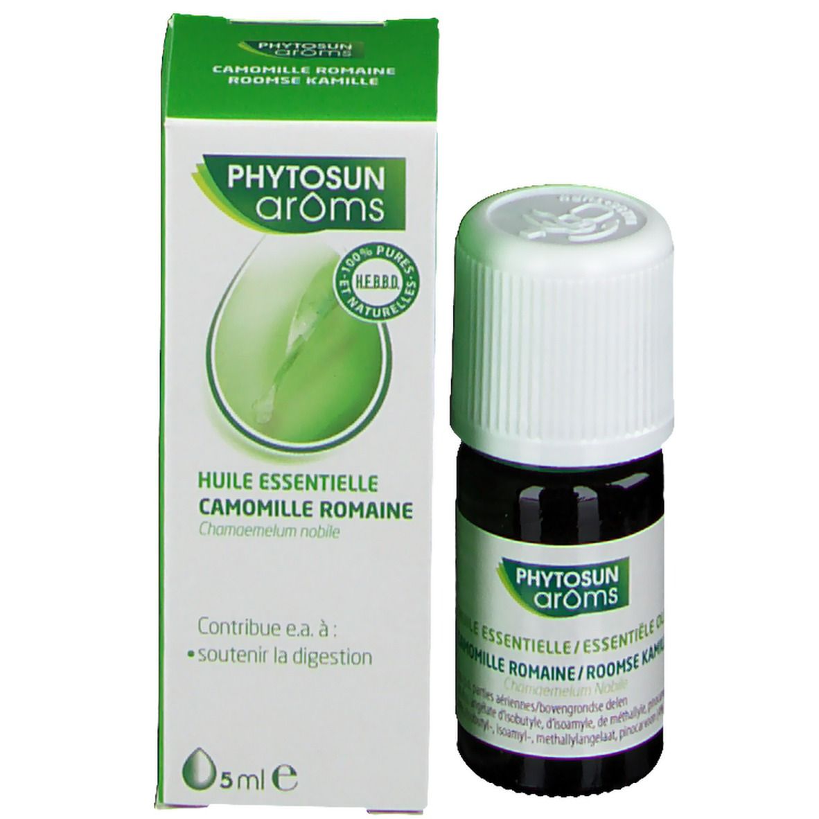 Productverpakking met fles en doos. Fles: bruin glas, witte dop. Doos: groen, wit, tekst, productnaam: Phytosun Aroms.
