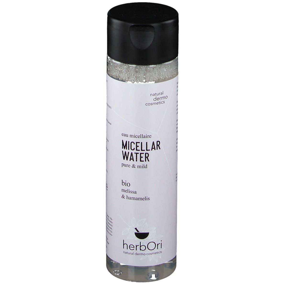 Zylindrische Flasche mit schwarzem Deckel. Aufschrift: Micellar Water, bio Melissa & Hamamelis. Marke: herbOri.