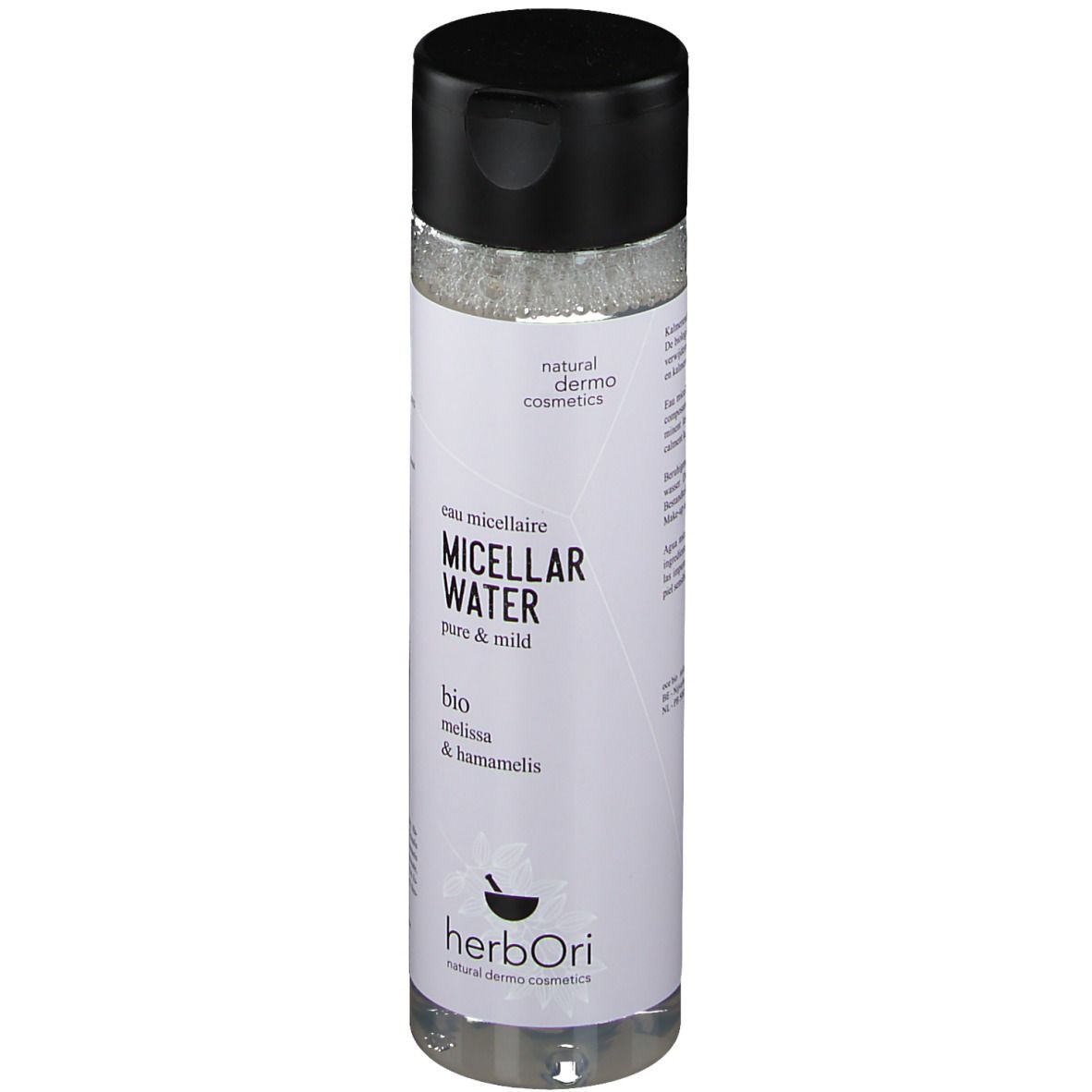 Zylindrische Flasche mit schwarzem Deckel. Aufschrift: Micellar Water, bio Melissa & Hamamelis. Marke: herbOri.