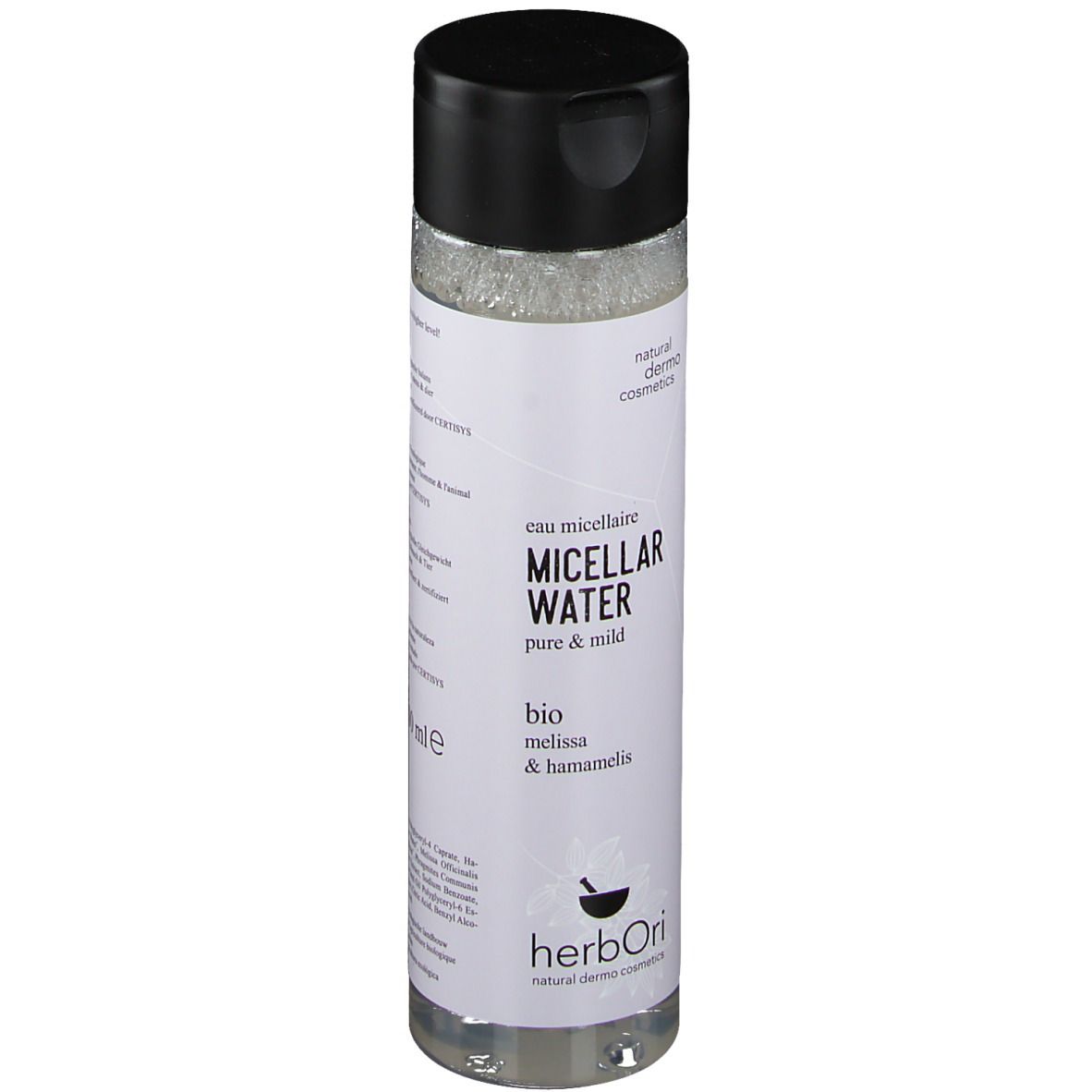 Zylindrische Flasche mit schwarzem Deckel. Aufschrift: Micellar Water, bio Melissa & Hamamelis. Marke: herbOri.