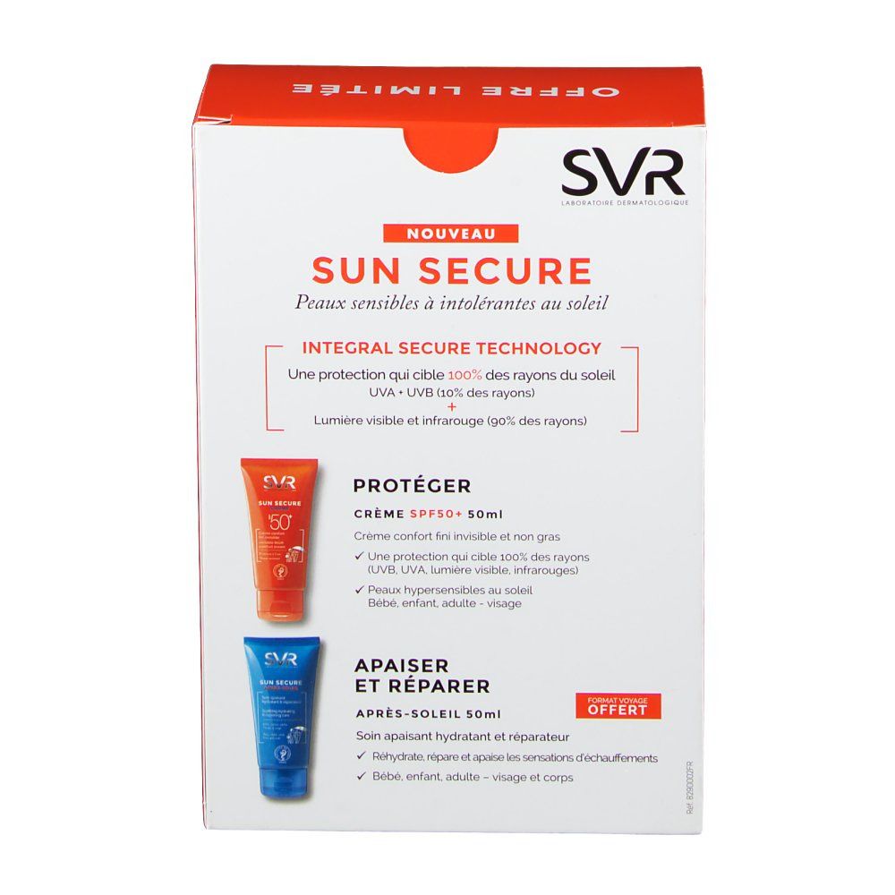 Boîte rouge avec texte et illustrations de produits. Deux tubes représentés : crème orange SPF 50+ et lotion après-soleil bleue.