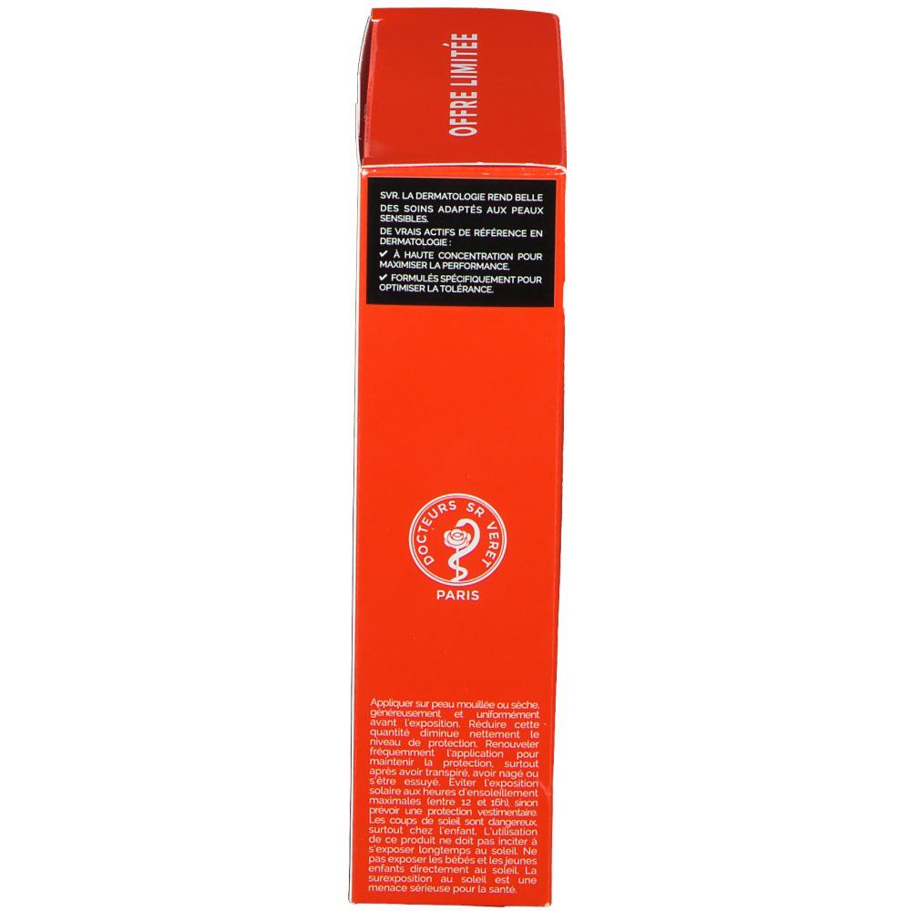 Vue latérale d'une boîte rouge avec du texte. Logo et texte en blanc. Inscription 'OFFRE LIMITEE' en haut.
