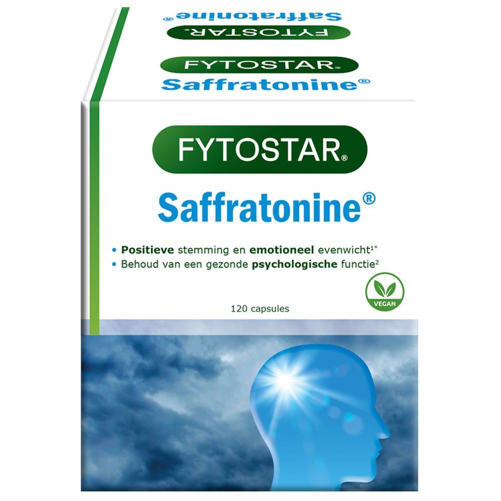 Fytostar Saffratonin®-verpakking. Witgroene doos met productnaam en logo. 120 capsules. Vegan-keurmerk.