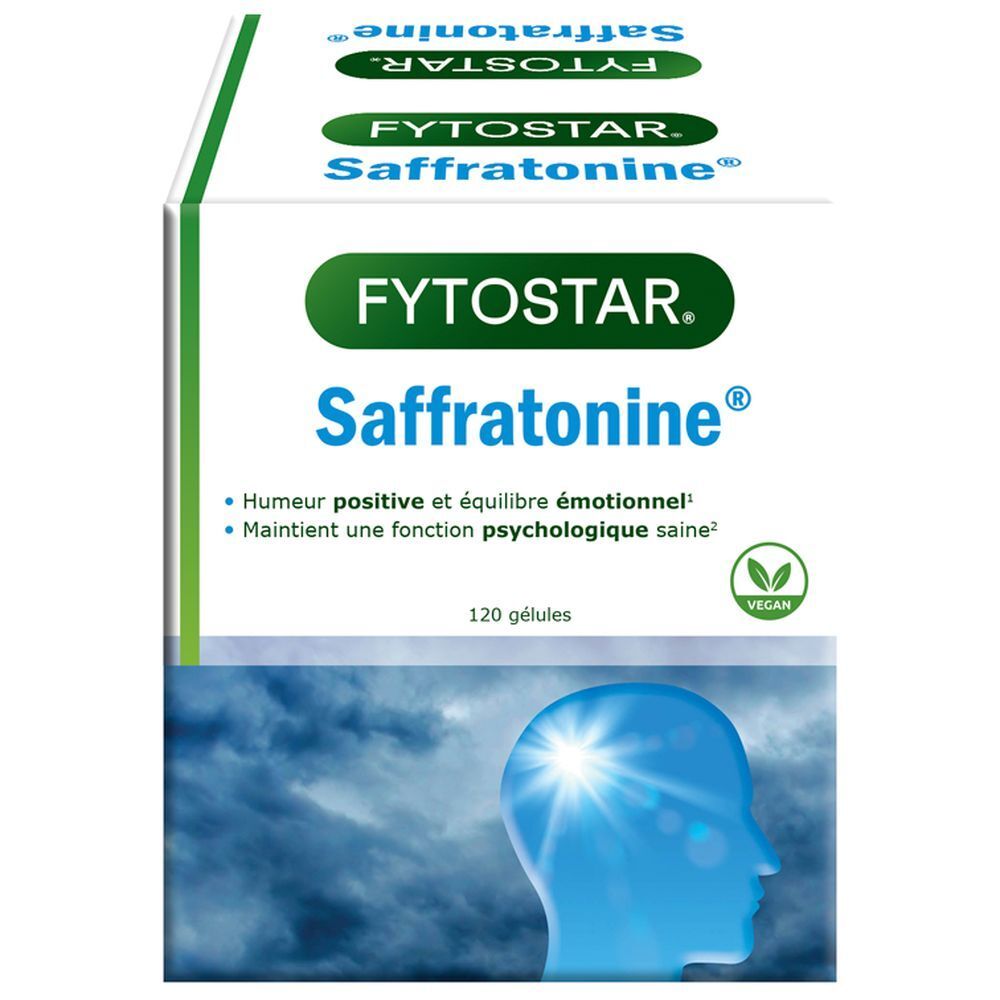 Fytostar Saffratonin®-verpakking. Witgroene doos met productnaam en logo. 120 capsules. Vegan-keurmerk.