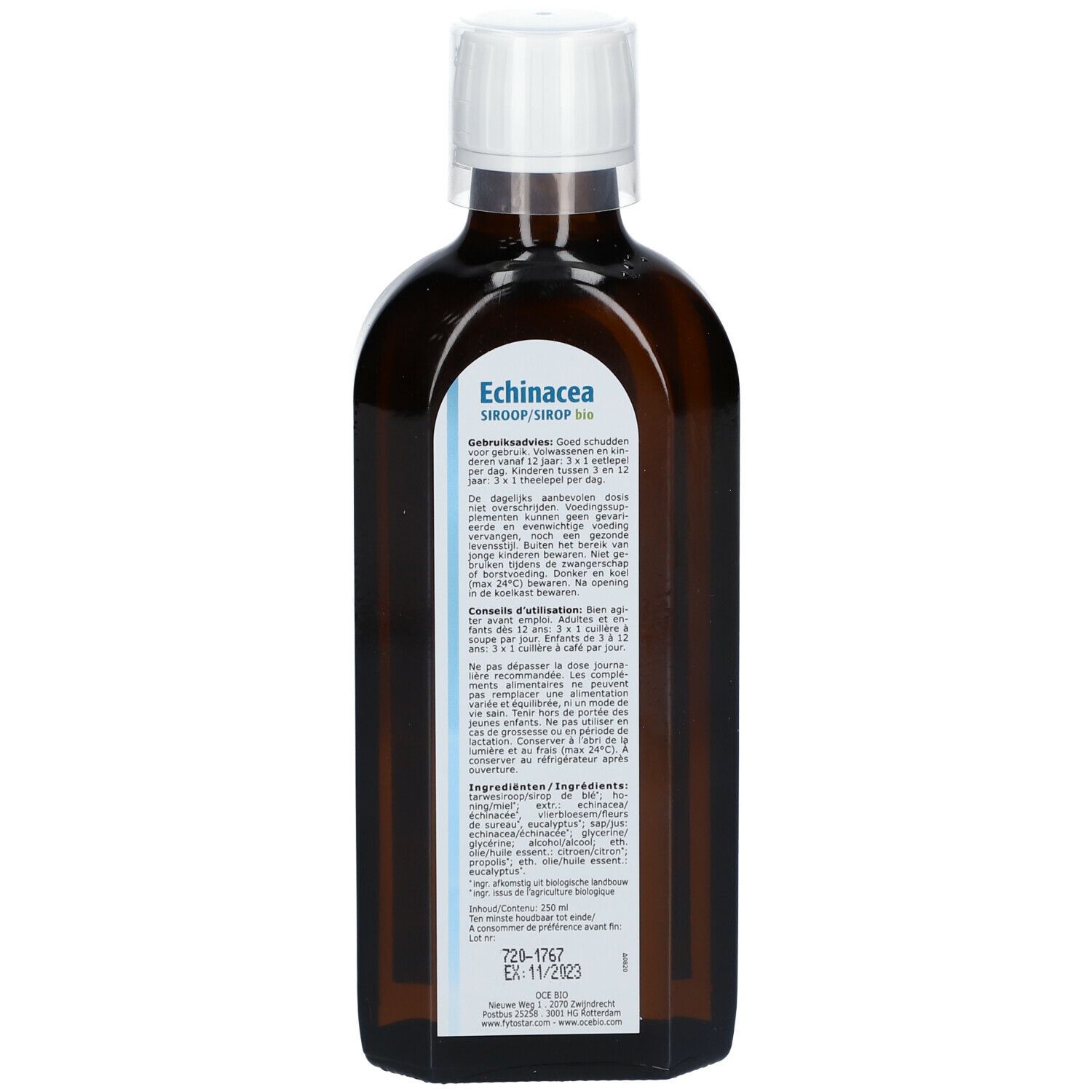 Achterkant van de bruine glazen fles. Tekstinformatie, ingrediënten en vervaldatum zichtbaar.