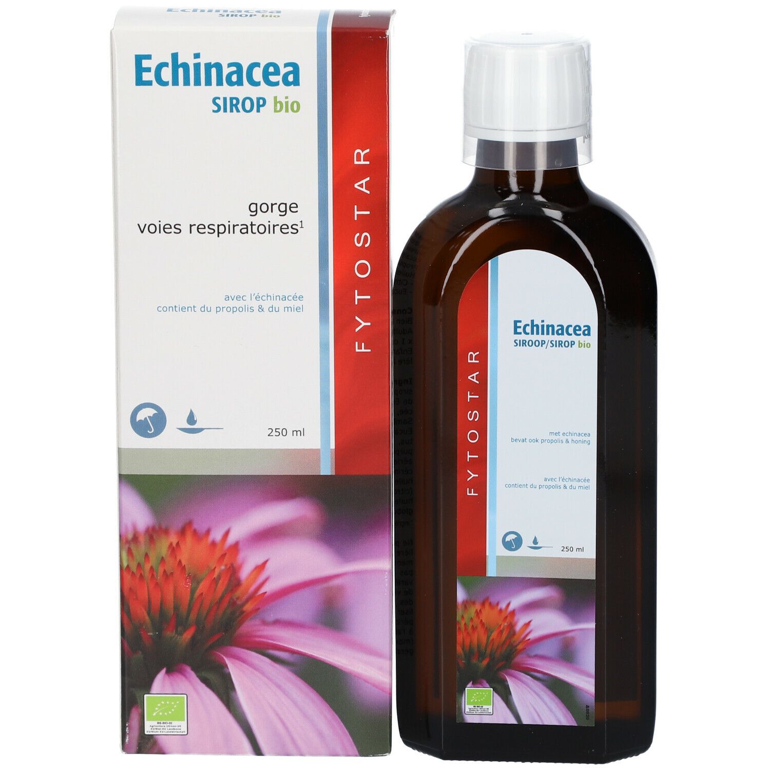 Productfles en verpakking. Fles en doos met productnaam en logo. Bio-certificering.
