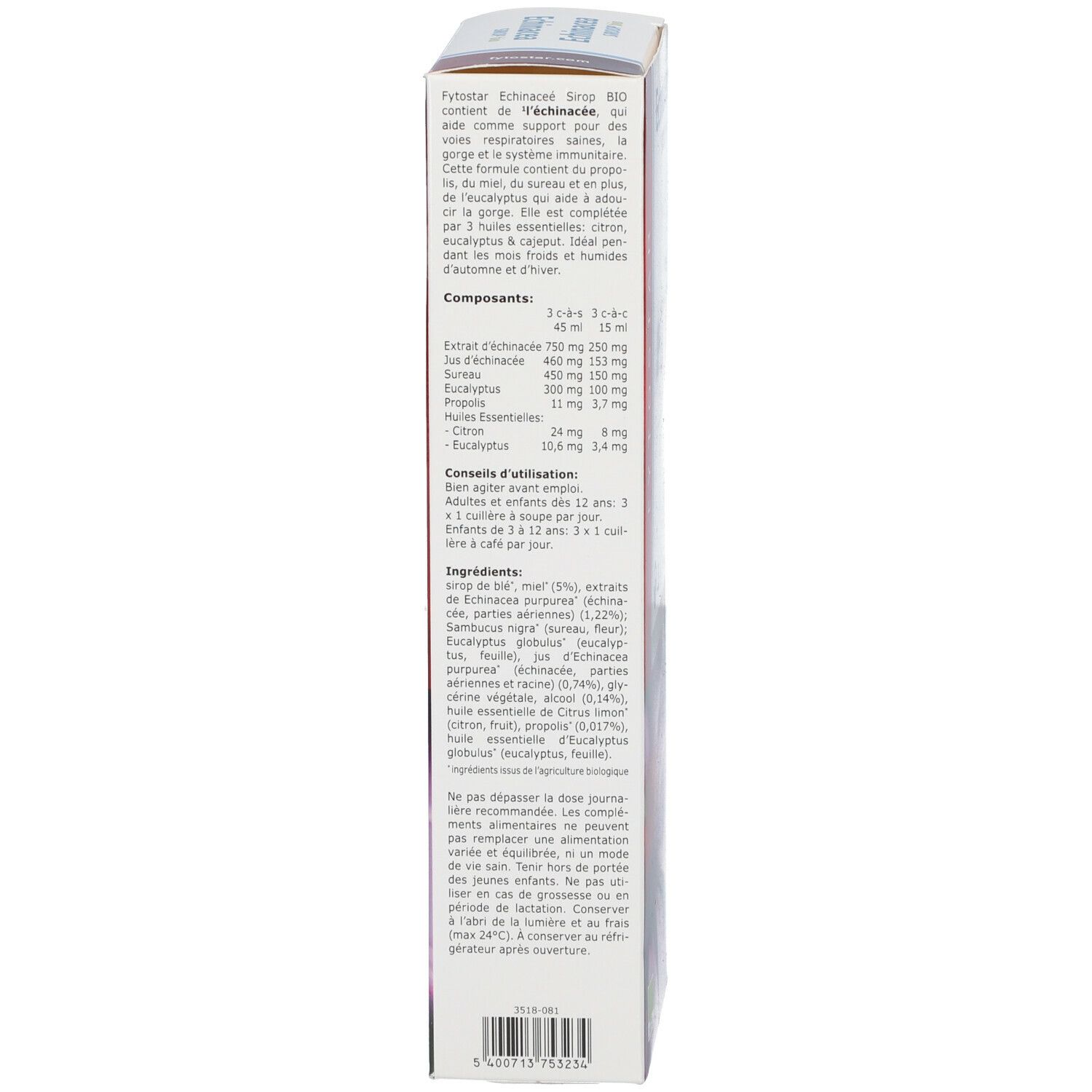 Zijaanzicht van de productverpakking. Tekstinformatie, ingrediënten en dosering zichtbaar.