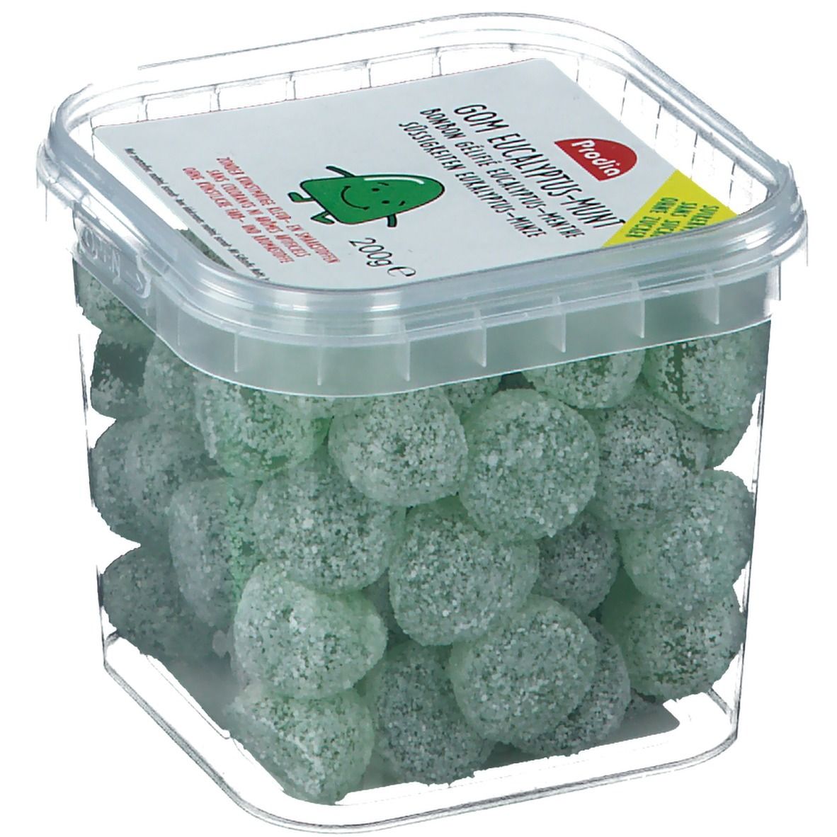 Boîte transparente avec bonbons gélifiés verts. Sur le couvercle, "Gom Eucalyptus-Munt" est écrit.