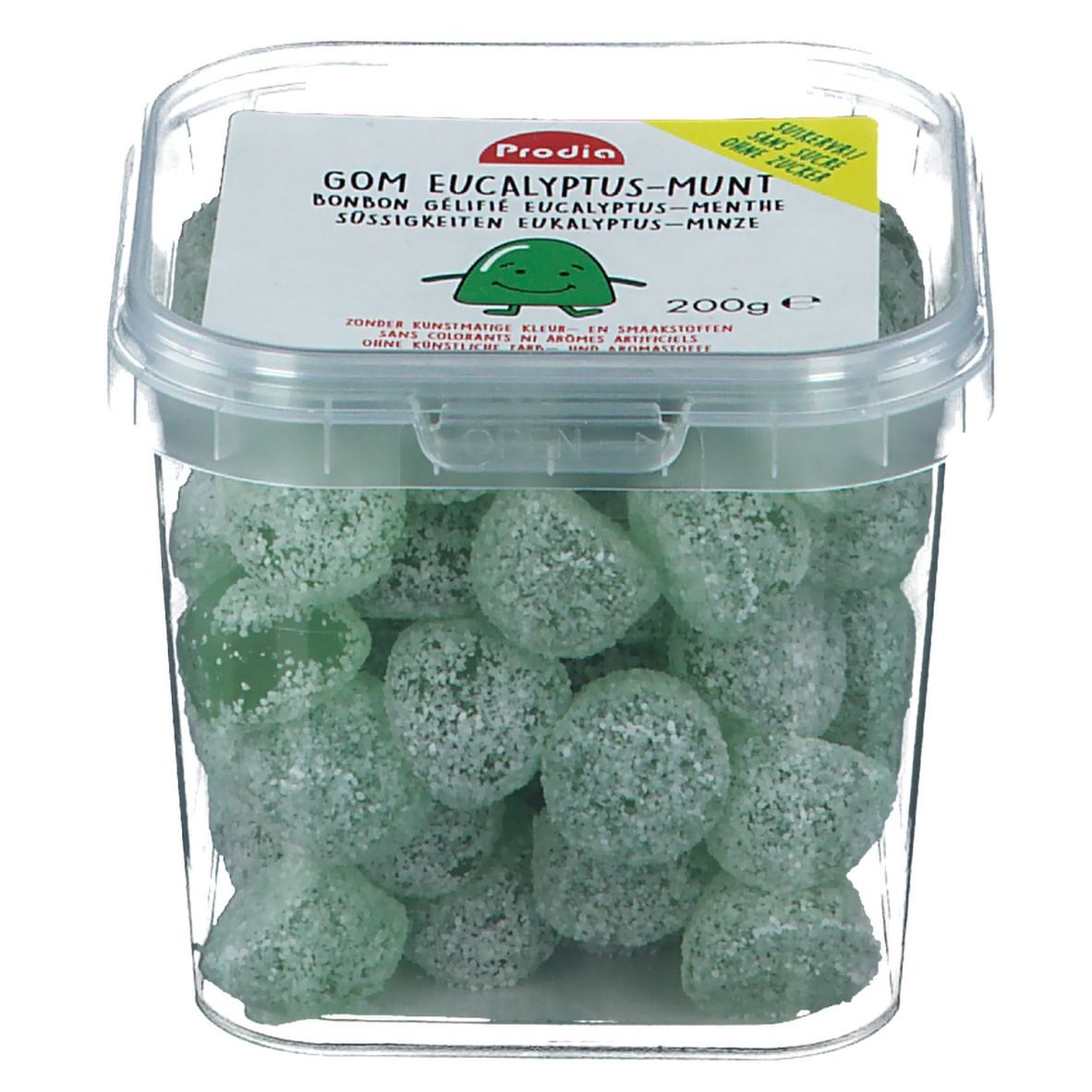 Boîte transparente avec bonbons gélifiés verts. Sur le couvercle, "Gom Eucalyptus-Munt" est écrit.