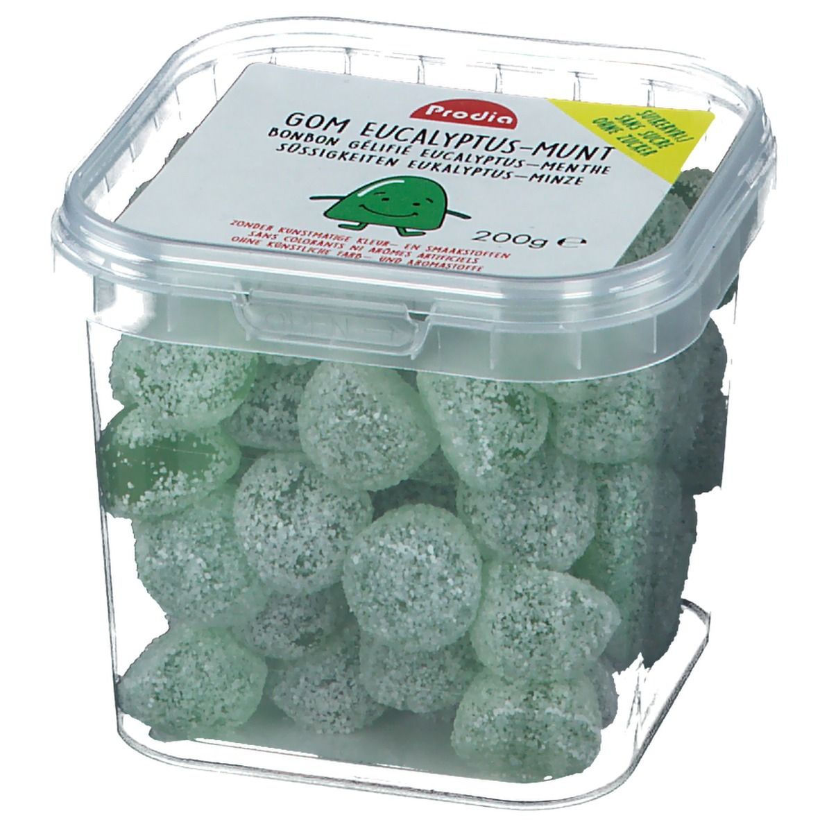 Boîte transparente avec bonbons gélifiés verts. Sur le couvercle, "Gom Eucalyptus-Munt" est écrit.
