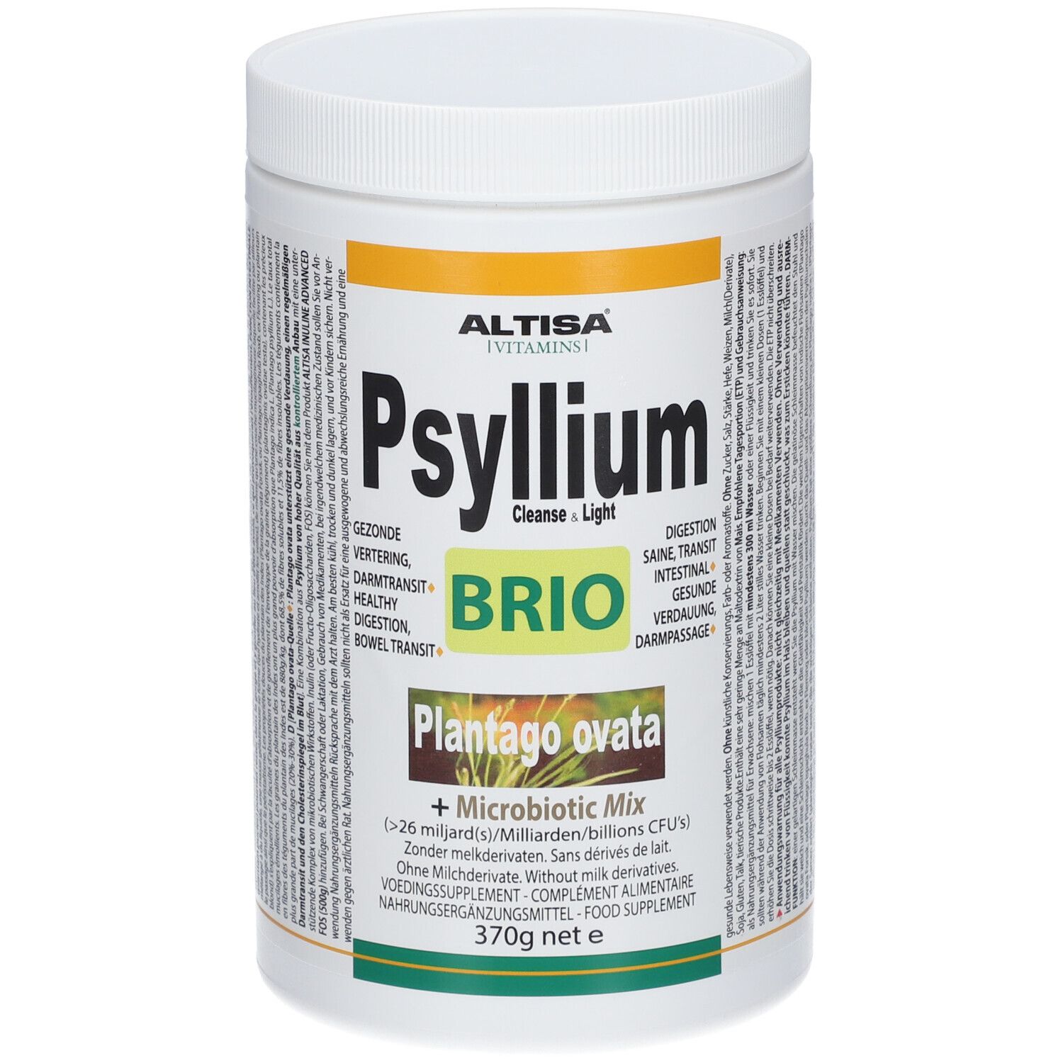 Boîte blanche ALTISA Psyllium Brio. Inscription: Psyllium, Cleanse & Light, Plantago ovata. 370g.
