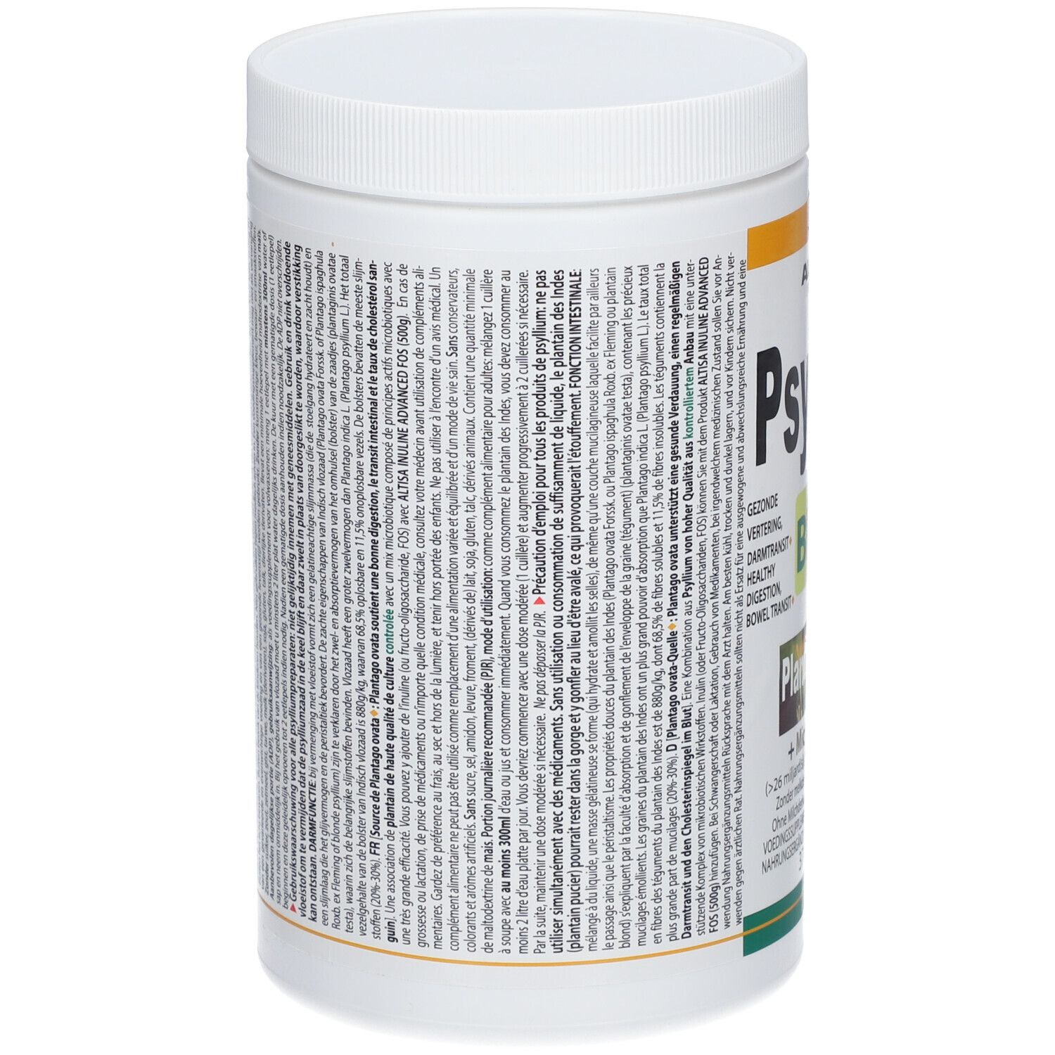 Boîte blanche ALTISA Psyllium Brio. Texte: Psyllium, Cleanse & Light, Plantago ovata. Dos avec texte.