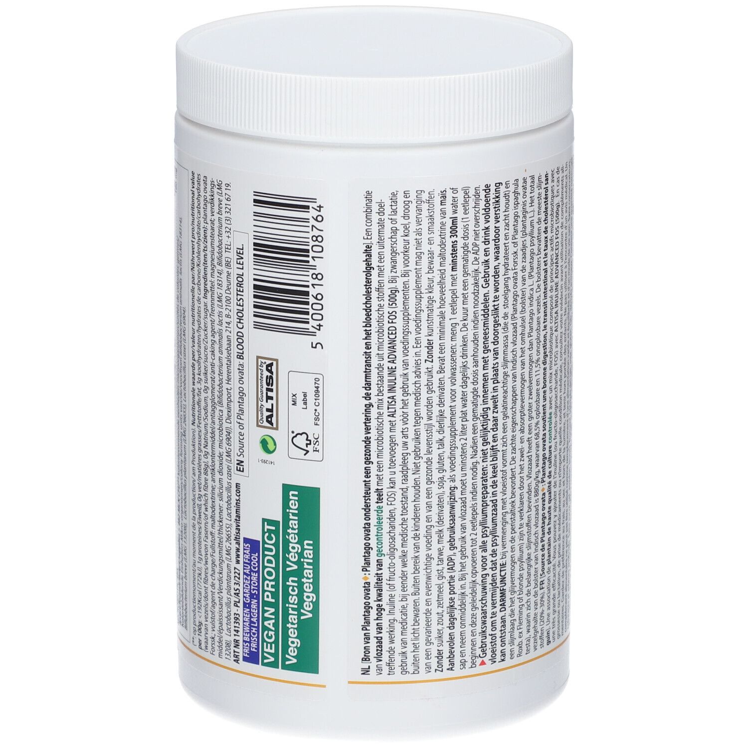 Boîte blanche ALTISA Psyllium Brio. Dos avec texte et logos. Produit végétalien. Végétarien végétalien.