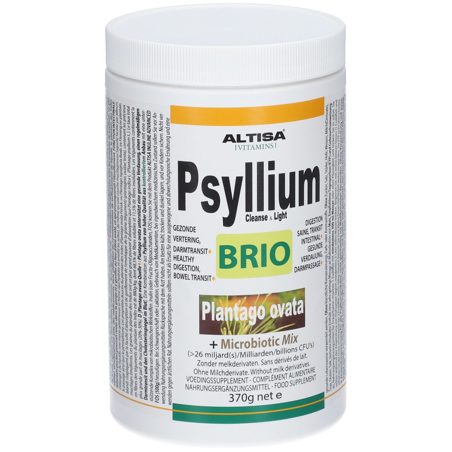 Boîte blanche ALTISA Psyllium Brio. Inscription: Psyllium, Cleanse & Light, Plantago ovata. 370g. Vue de face.