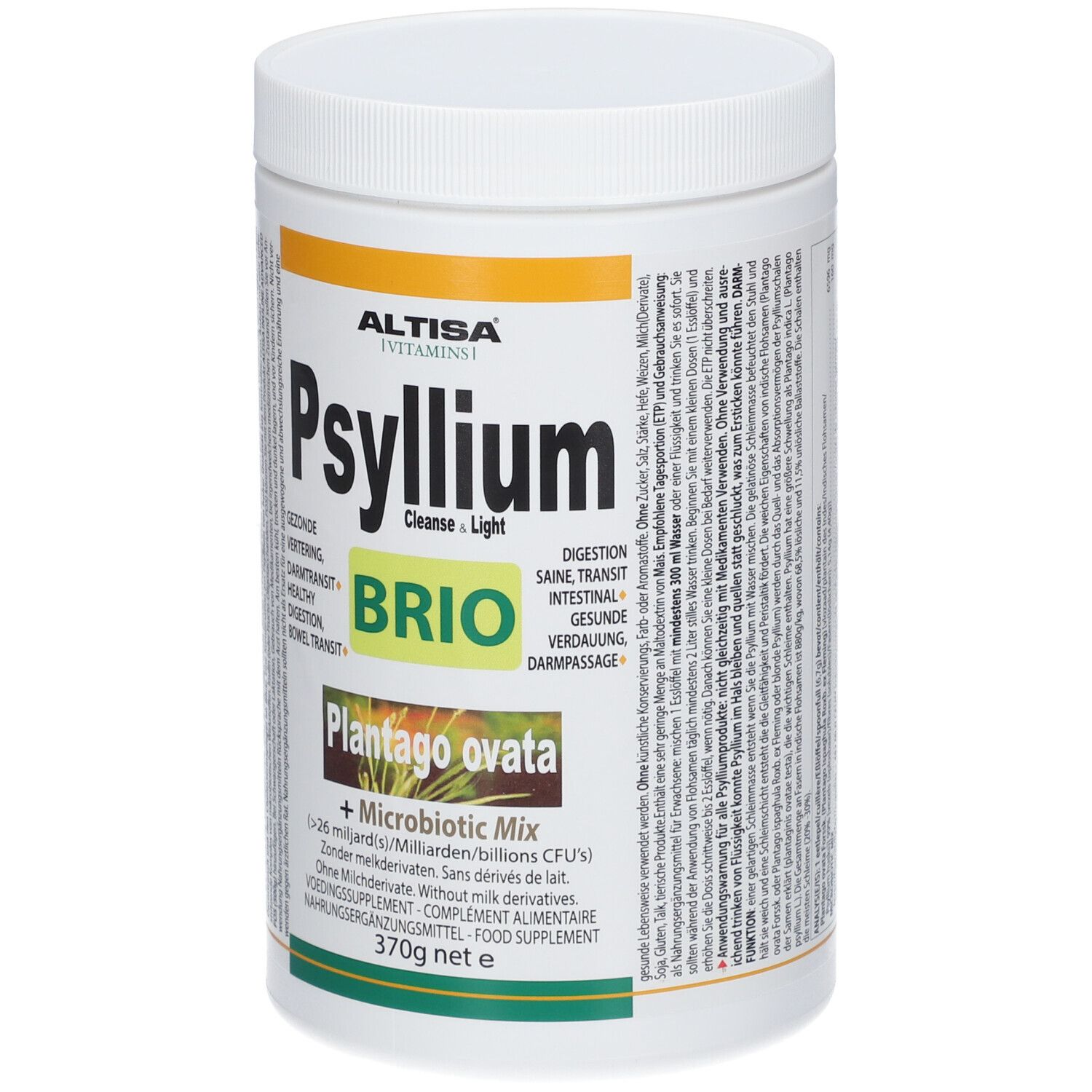 Boîte blanche ALTISA Psyllium Brio. Inscription: Psyllium, Cleanse & Light, Plantago ovata. 370g. Vue de face.