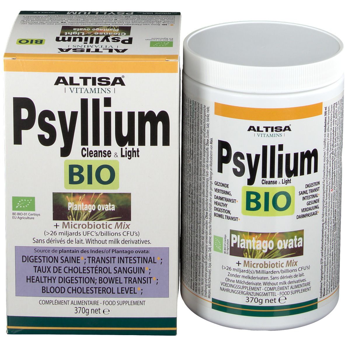 Boîte et carton ALTISA Psyllium BIO. Inscription: Psyllium, Cleanse & Light, Plantago ovata. 370g. Label BIO.