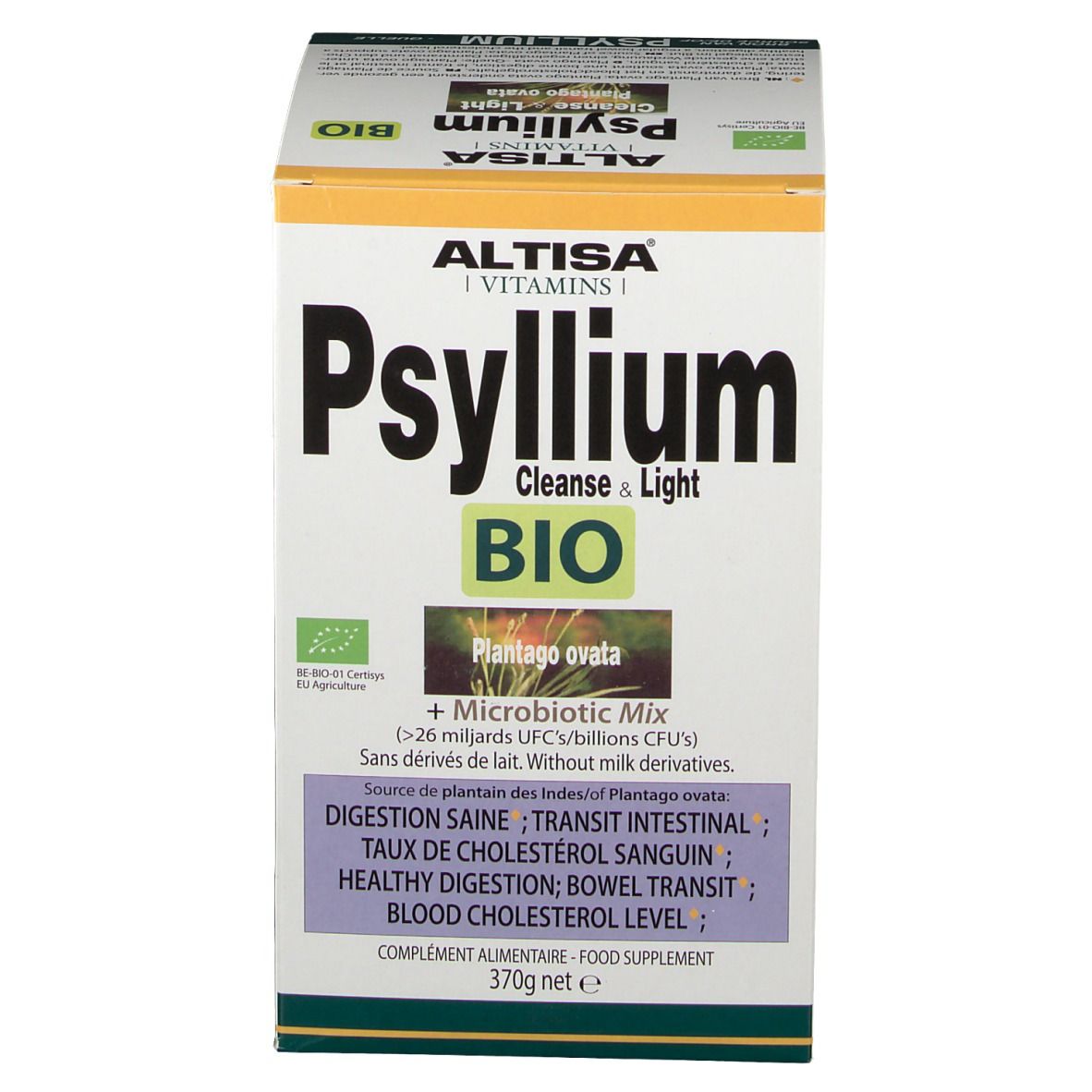 Carton ALTISA Psyllium BIO. Inscription: Psyllium, Cleanse & Light, Plantago ovata. Label BIO. Vue de face.