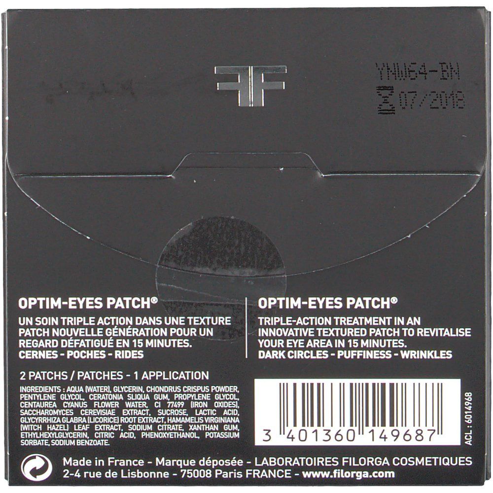Boîte noire. Contient deux patchs pour les yeux. Ingrédients et nom du produit visibles. Marque: Filorga Optim-Eyes Patch®.
