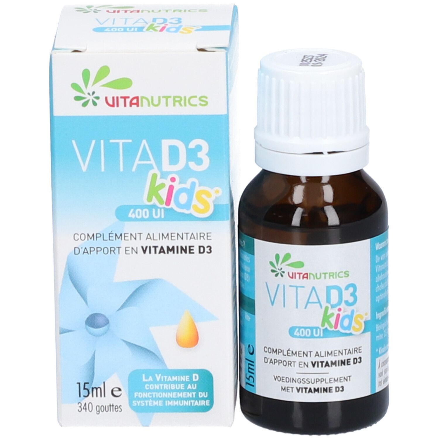 Flacon et boîte VitaD3 Kids. Flacon brun avec bouchon blanc. Boîte blanche et bleue avec informations produit.
