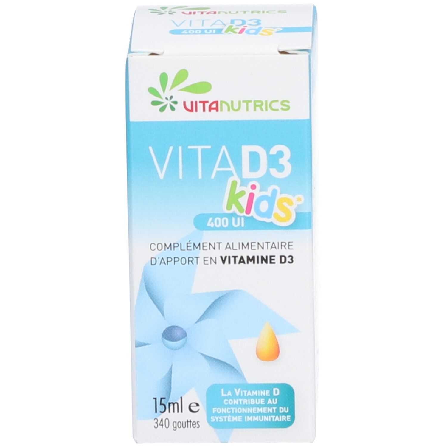 Boîte blanche et bleue avec VitaD3 Kids. Nom du produit, 400 UI, et texte en français et néerlandais.