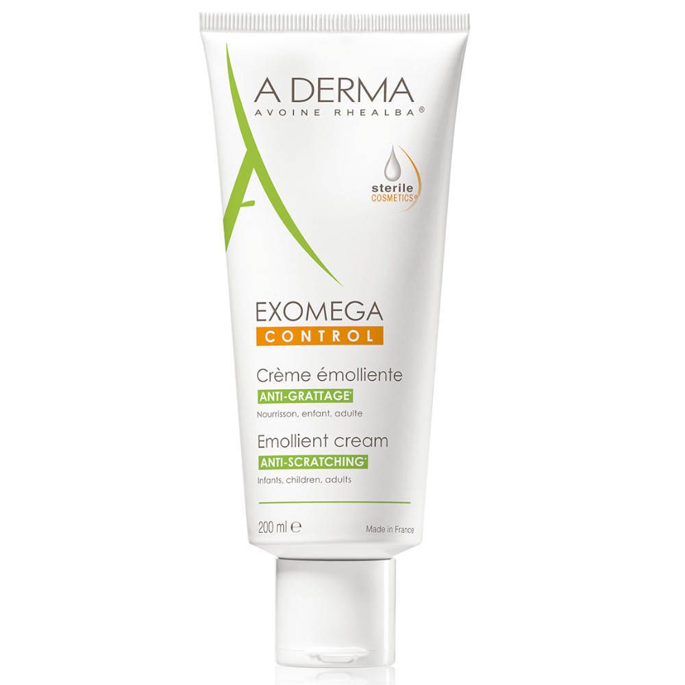 A-Derma EXOMEGA Control crème, tube. Witte tube met groen logo en productnaam. 200 ml.