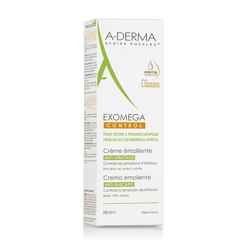 A-Derma EXOMEGA Control crème, verpakking. Witte doos met groen logo en productnaam. 200 ml.