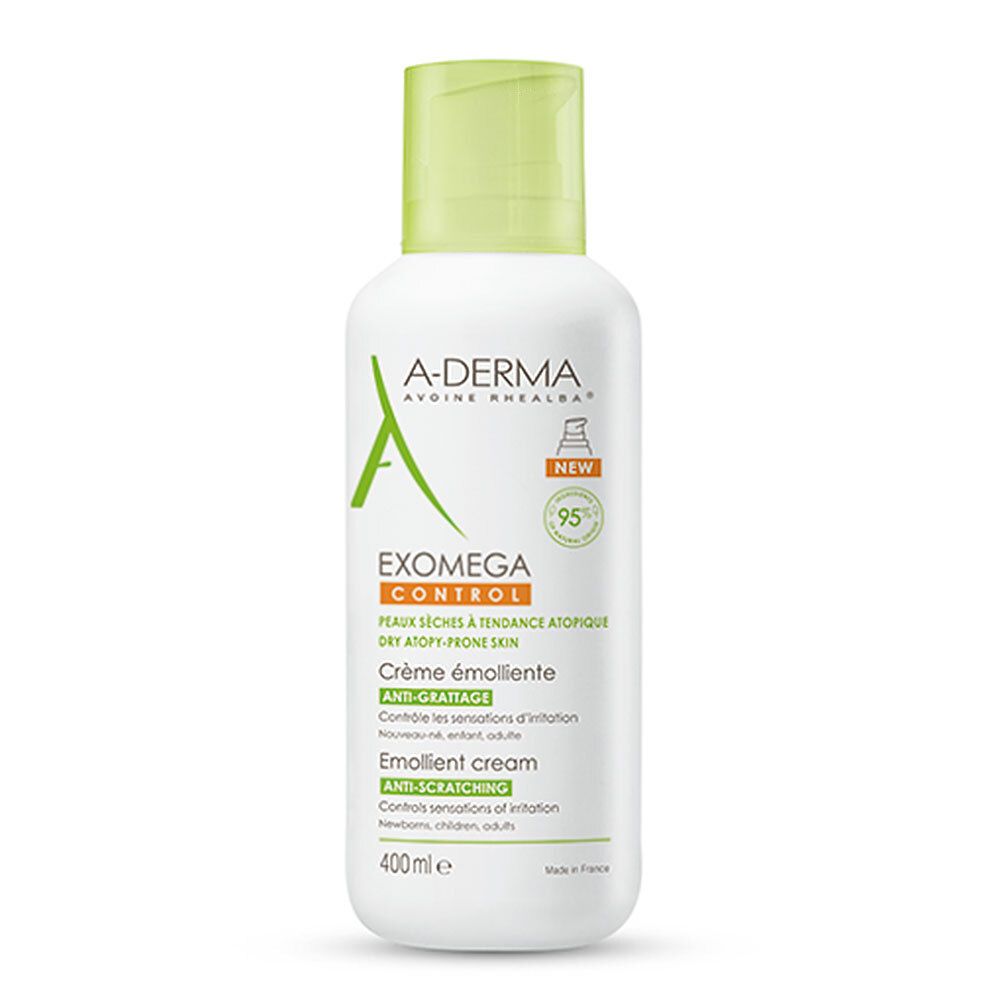Witte fles A-DERMA EXOMEGA CONTROL, groene dop. Tekst: EXOMEGA CONTROL, Crème émolliente, 400ml. Logo en kwaliteitslabel.