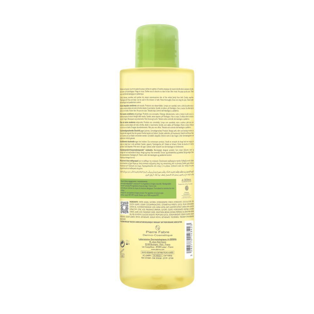 A-Derma EXOMEGA CONTROL doucheolie, fles. Franse tekst en logo's.