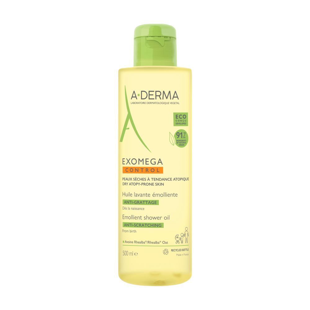 A-Derma EXOMEGA CONTROL doucheolie, gele fles met groene dop. Tekst en logo's.