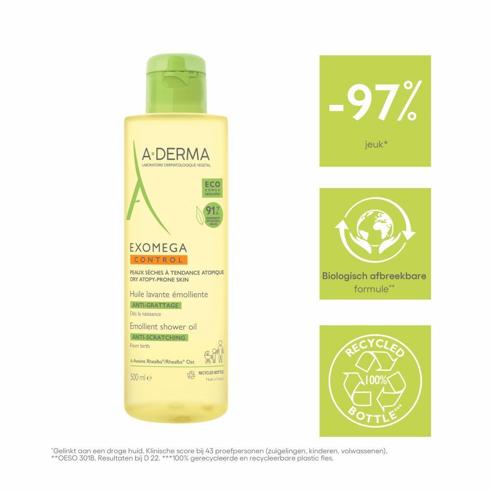 A-Derma EXOMEGA CONTROL doucheolie, fles. Nederlandse tekst en logo's.