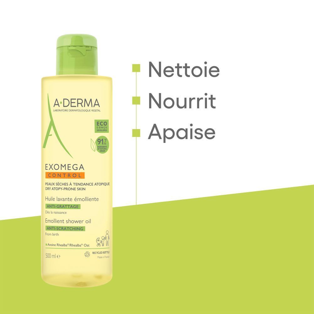 Flacon A-Derma EXOMEGA CONTROL. Texte et logos en français.