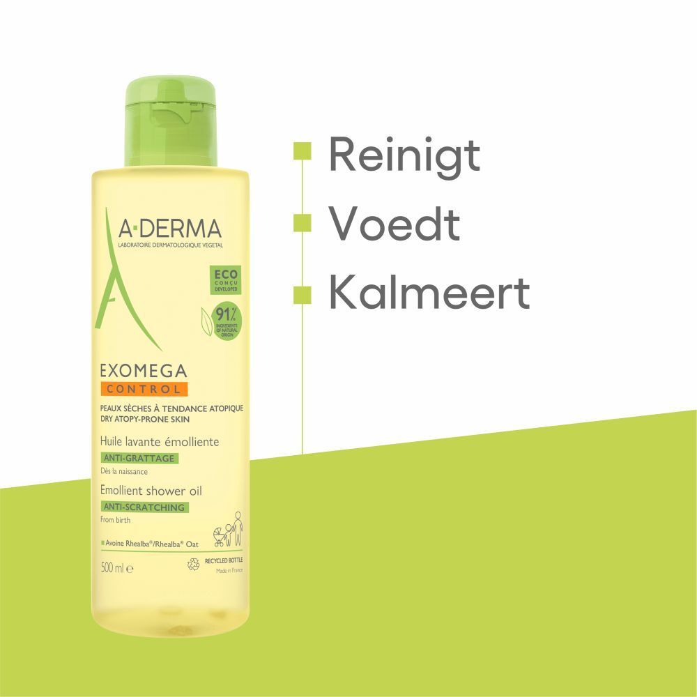 A-Derma EXOMEGA CONTROL doucheolie, fles. Nederlandse tekst en logo's.