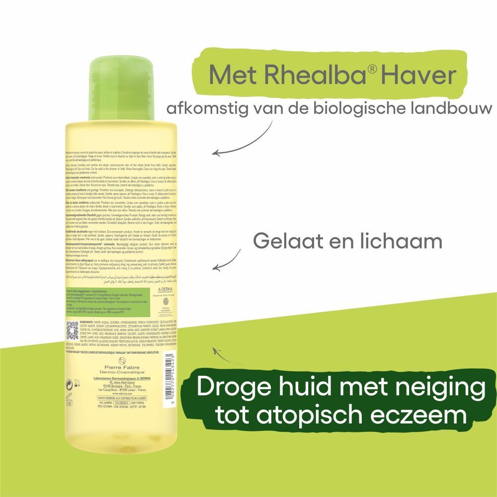 A-Derma EXOMEGA CONTROL doucheolie, fles. Nederlandse tekst en logo's.
