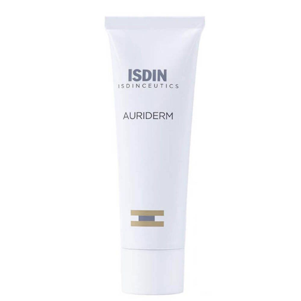 Weiße Tube mit Produktaufdruck. Aufschrift: ISDIN, AURIDERM. Enthält Vitamin K Oxid.