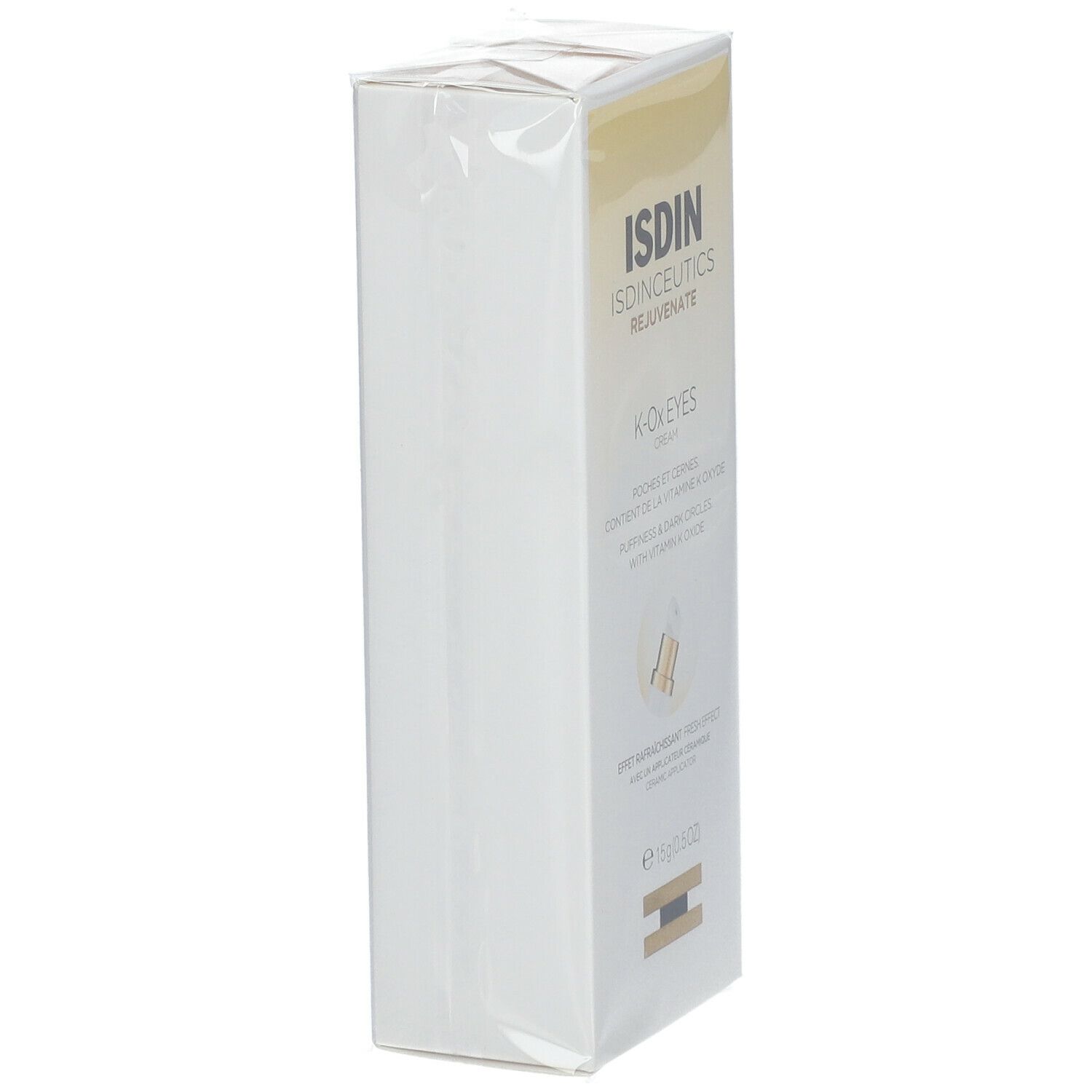 Vue latérale de l'emballage de ISDIN® Isdinceutics K-Ox Eyes. Boîte blanche, partiellement emballée.