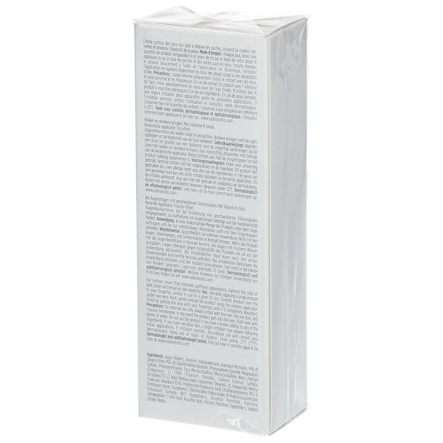 Dos de l'emballage de ISDIN® Isdinceutics K-Ox Eyes. Texte multilingue. Contient ingrédients et instructions.