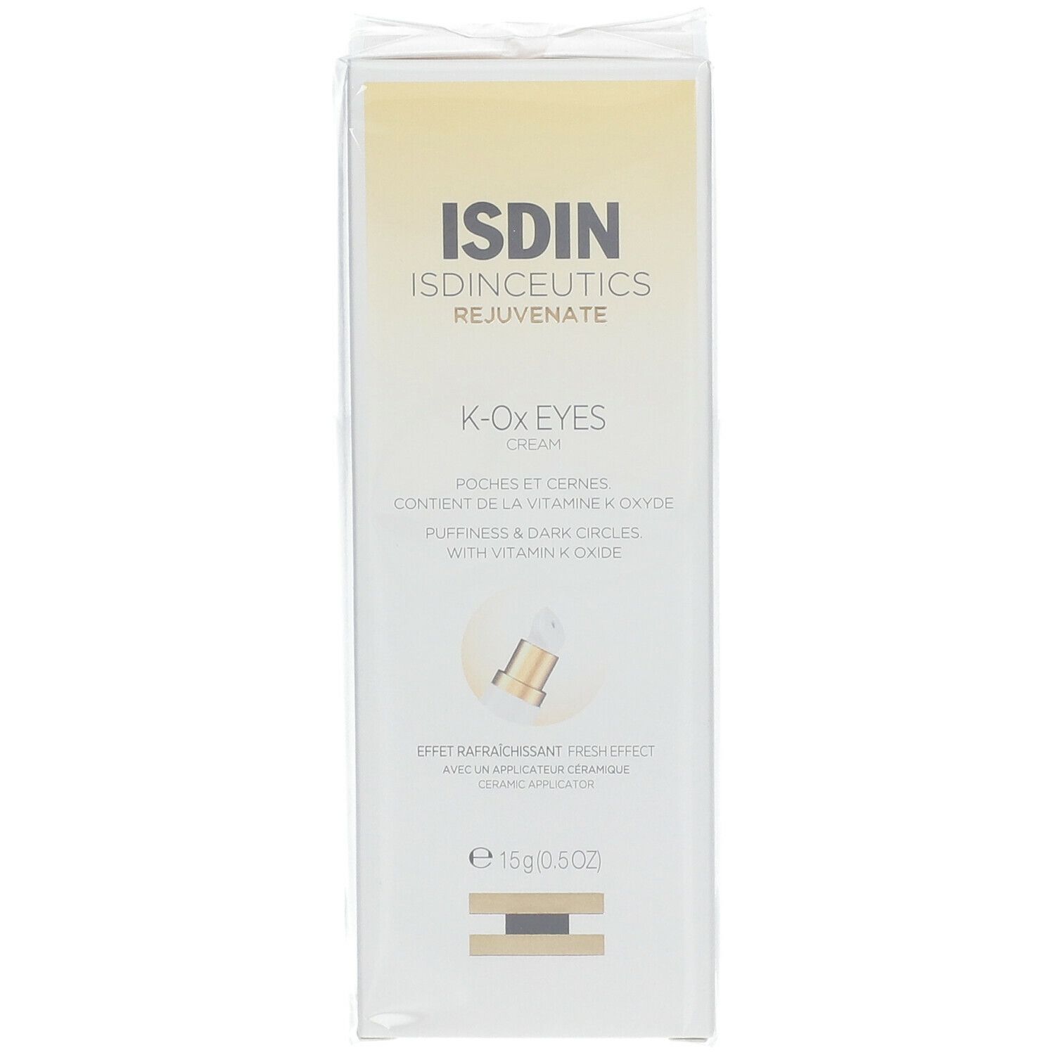 Emballage de ISDIN® Isdinceutics K-Ox Eyes. Boîte blanche avec nom du produit et informations. Contient 15g.