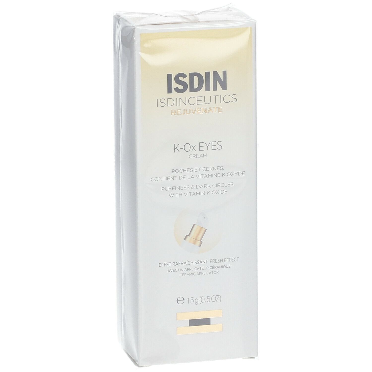 Emballage de ISDIN® Isdinceutics K-Ox Eyes. Boîte blanche avec nom du produit et informations. Contient 15g.