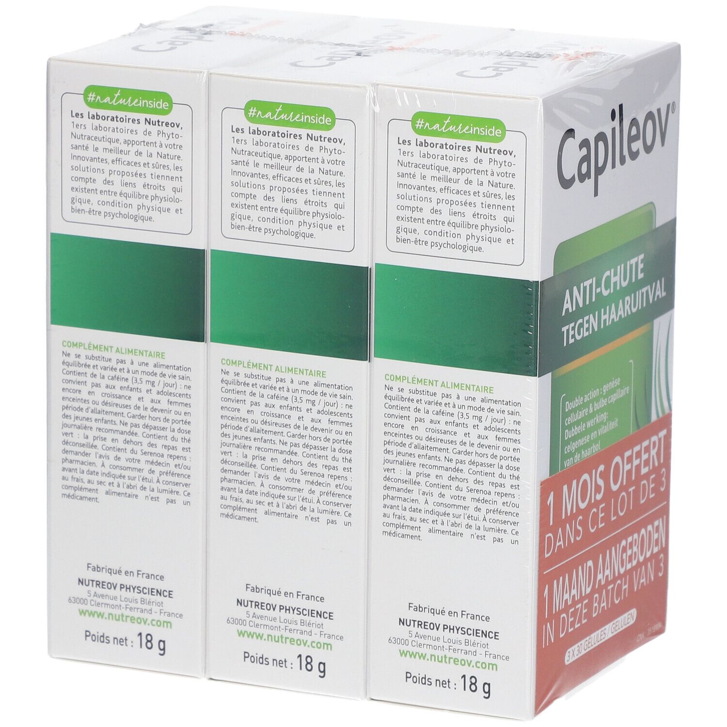 Nutreov Capileov Anti-Haarausfall Packung mit 3 x 30 Kapseln, Rückseite.