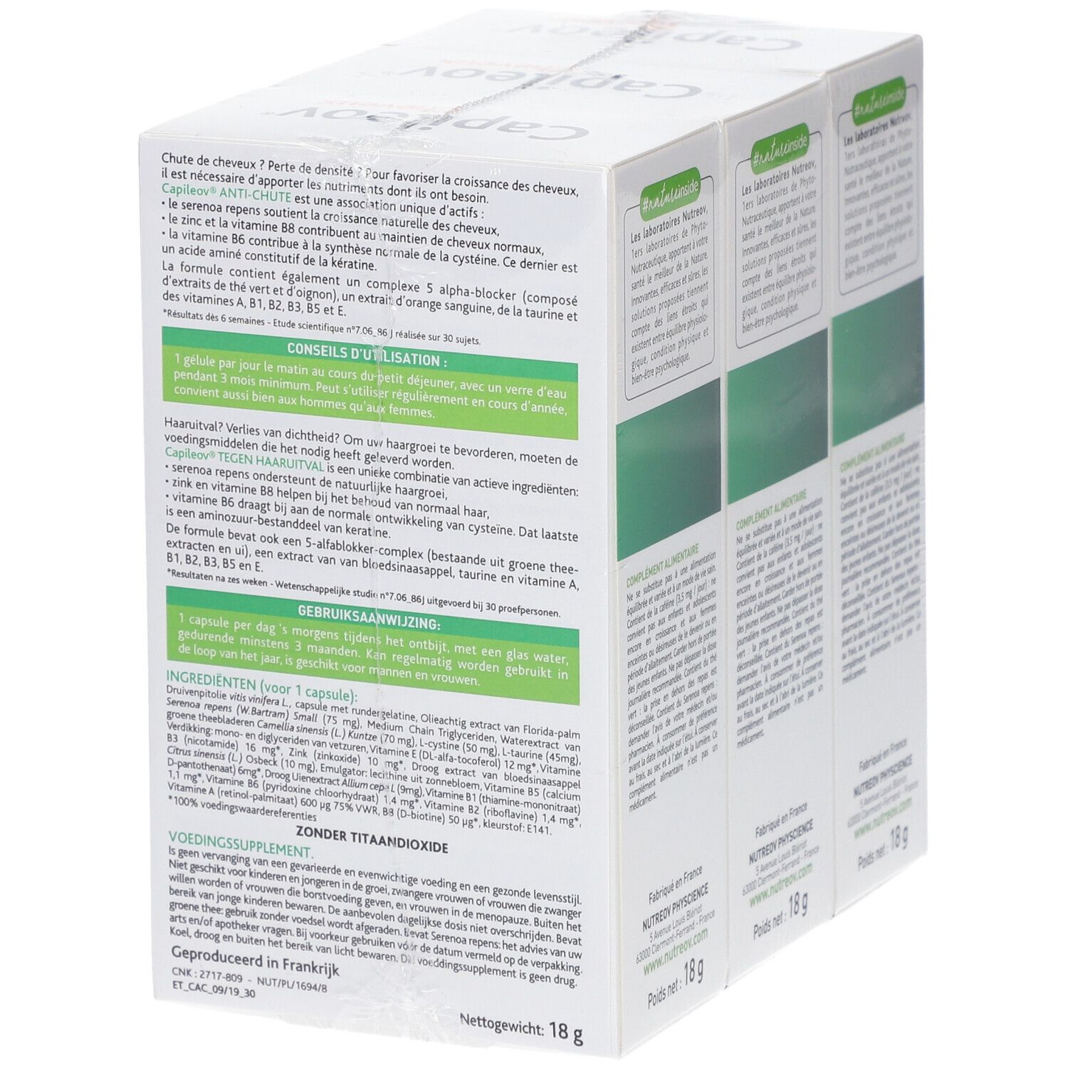Nutreov Capileov Anti-Haarausfall Packung mit 3 x 30 Kapseln, Seitenansicht.