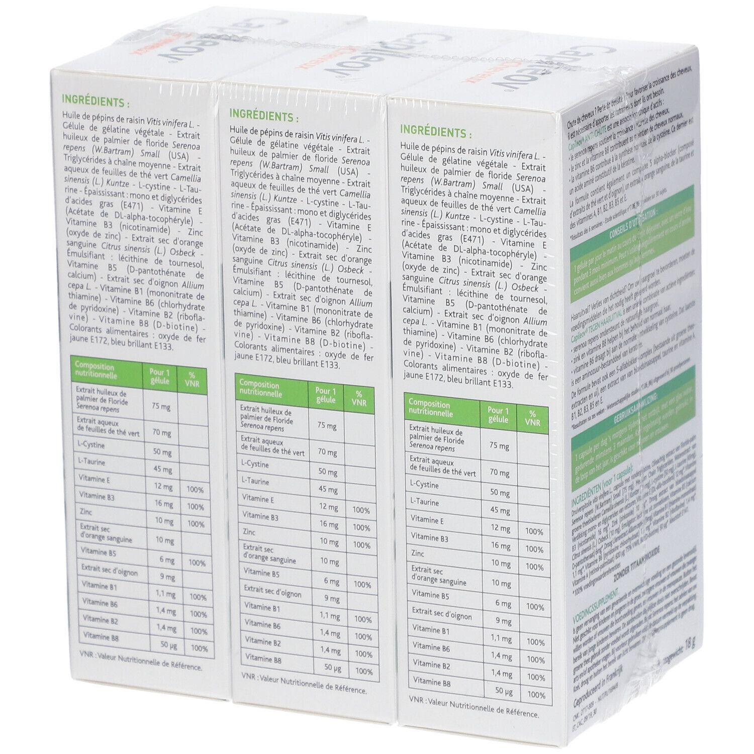 Nutreov Capileov Anti-Haarausfall Packung mit 3 x 30 Kapseln, Detailansicht.