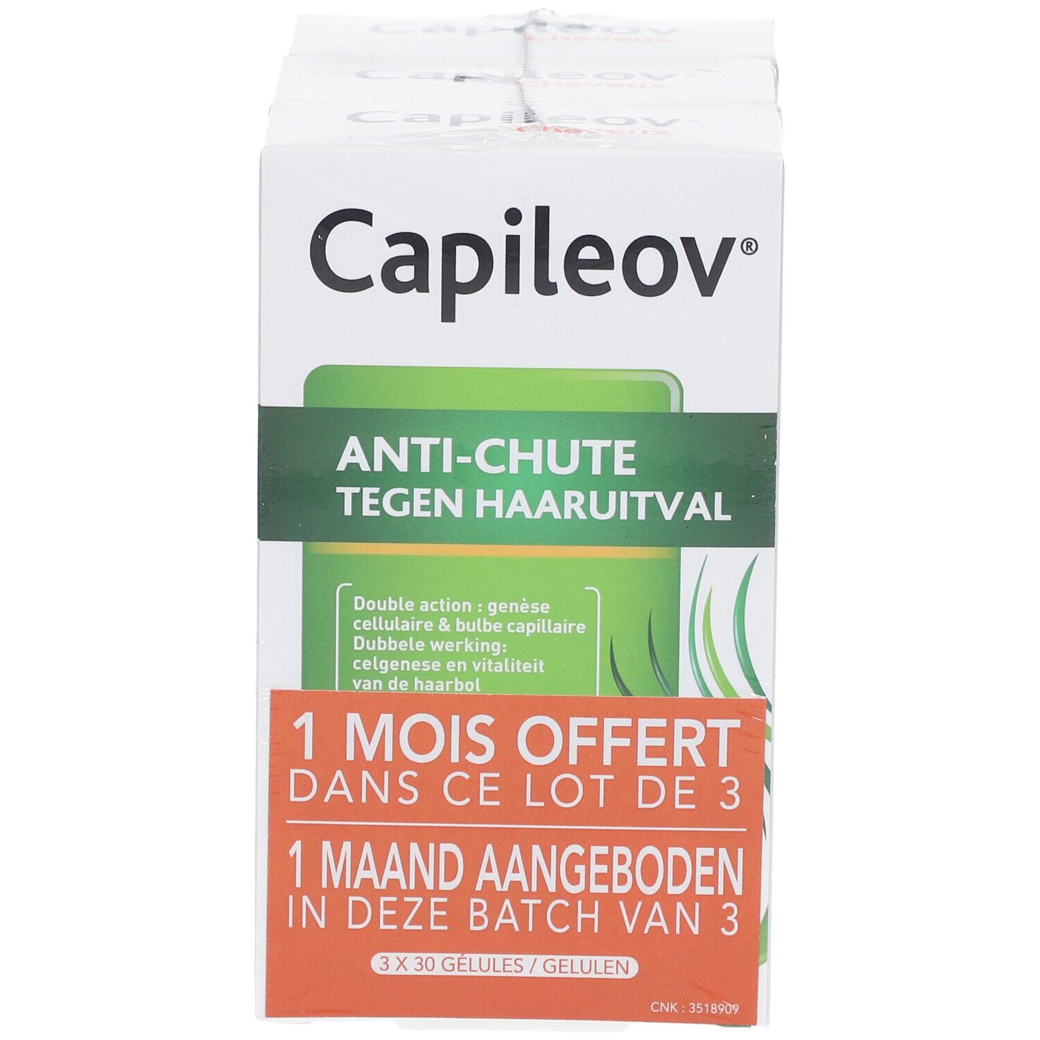 Nutreov Capileov Anti-Haarausfall Packung mit 3 x 30 Kapseln, Vorderseite.