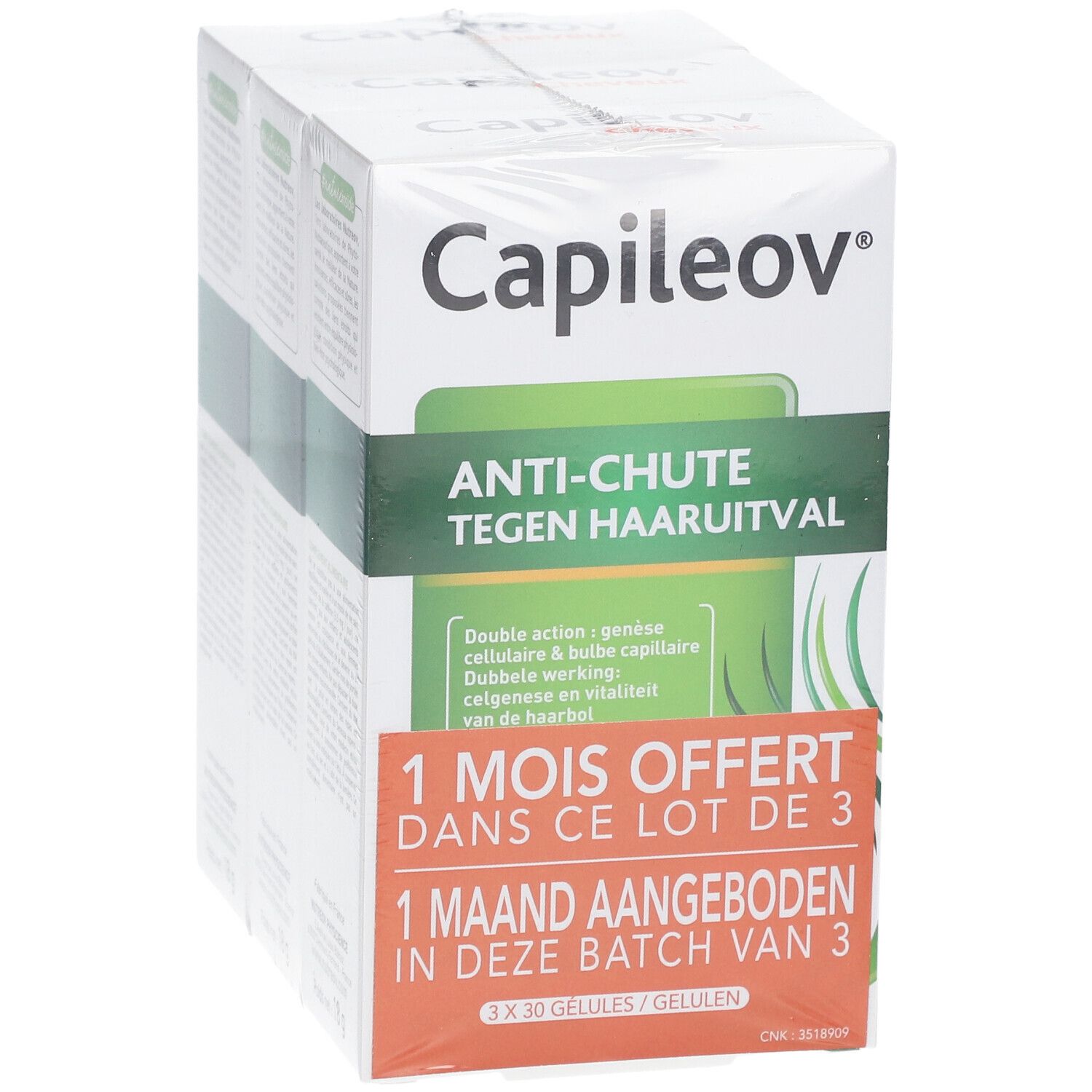 Nutreov Capileov Anti-Haarausfall Packung mit 3 x 30 Kapseln, schräg.