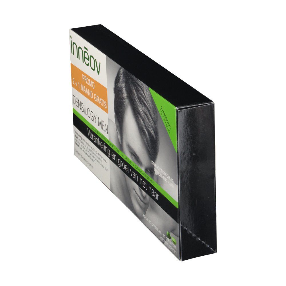 Boîte de produit. Texte: innéov, DENSILOGY MEN, Promo 2+1 mois gratuits. Image d'un homme. Accents noirs et verts.