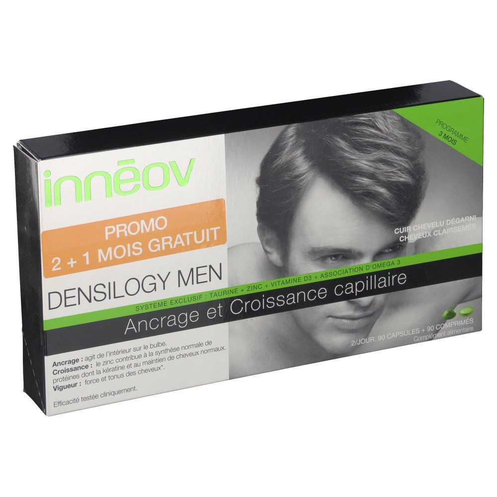 Emballage du produit avec texte: innéov, DENSILOGY MEN, Promo 2+1 mois gratuits. Image d'un homme. Accents verts et noirs.